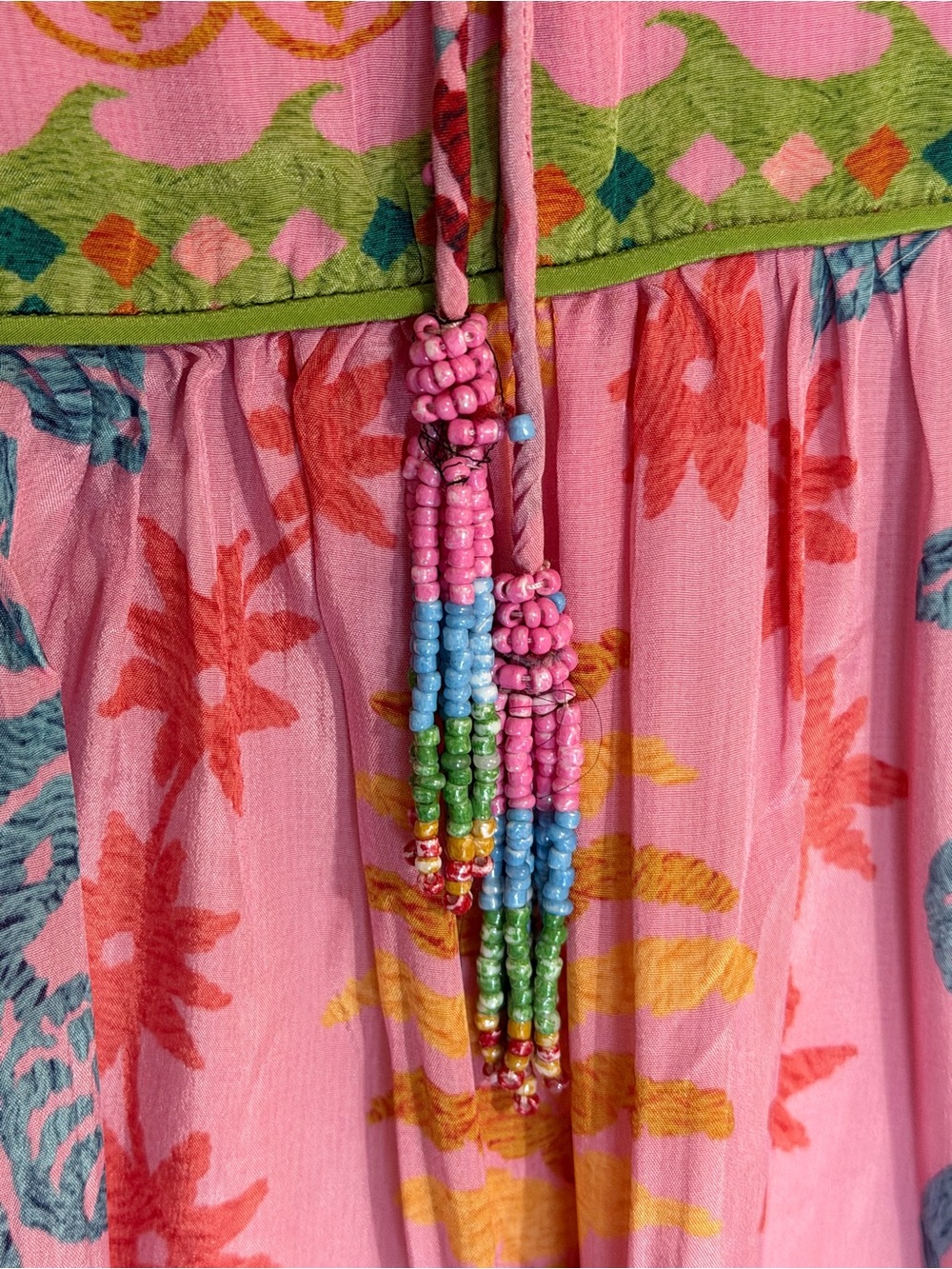FARM RIO Pink Fruits Queen Scarf Midi
Dress Boho Floral Tropical XL Beaded Flowy - Picture 11 of 15
